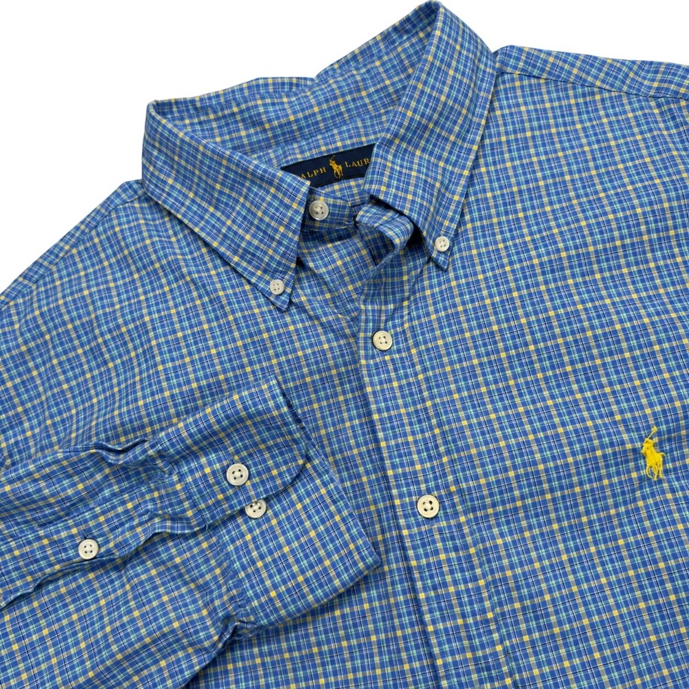 Ralph Lauren Button Down Shirt Mens 17 34/35 Plaid Long Sleeve Blue Cotton